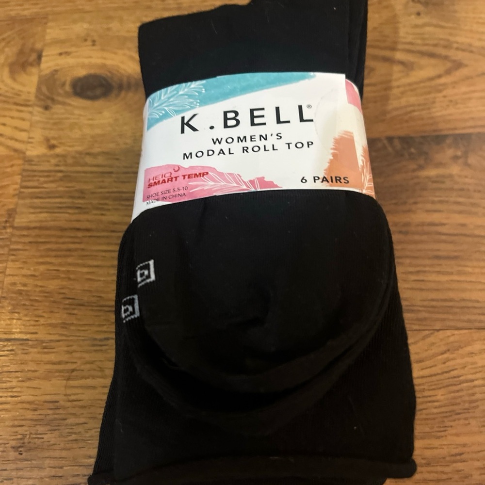 K BELL Modal Roll Top Crew Socks, size 5.5-10 Shoe, 6 Pairs Black (C02-25)